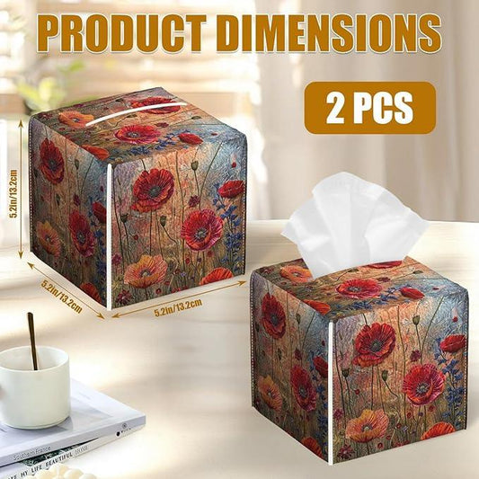 Red Poppy Tissue Box Cover 2PCS, Leather Tissue Box Holder Square Facial Paper Case Tissue Box Cube Organizer for Bathroom Bedroom Desk Office - ModernBath