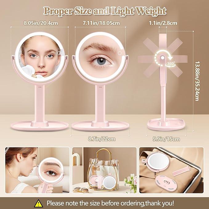 MOMOKUBA Makeup Mirror with Lights, Double Sided 1x/20x Magnifying Mirror with Light, Rechargeable 3 Color Lights and Adjustable Brightness, 360° Rotation Detachable Comes with Tweezer(Pink) - ModernBath