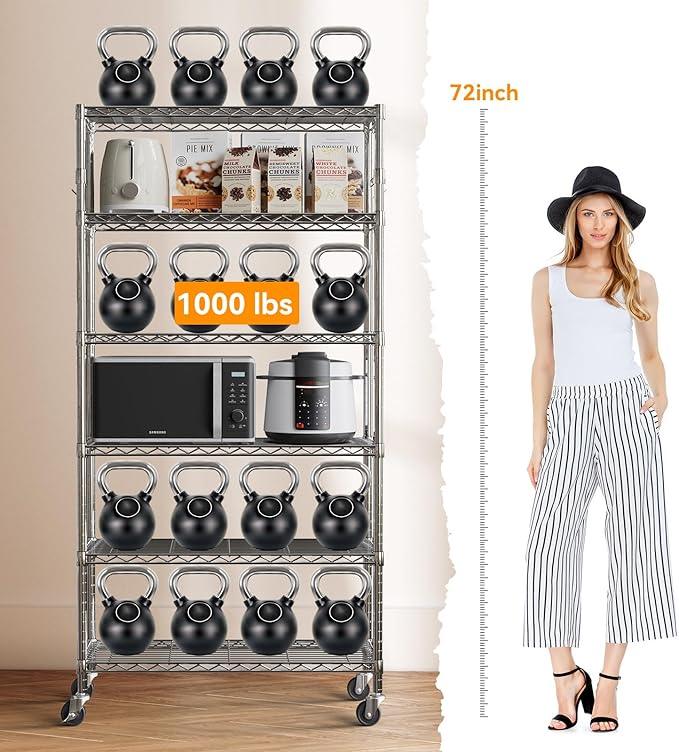 YNN Storage Shelves,6000Lbs 6 Tier Heavy Duty Metal Rolling Shelving Unit with Wheels & 8 Hooks, Adjustable Garage Wire Rack for Kitchen, Bathroom,Industrial,Pantry(36" W x 14" D x 72" H, Chrome) - ModernBath