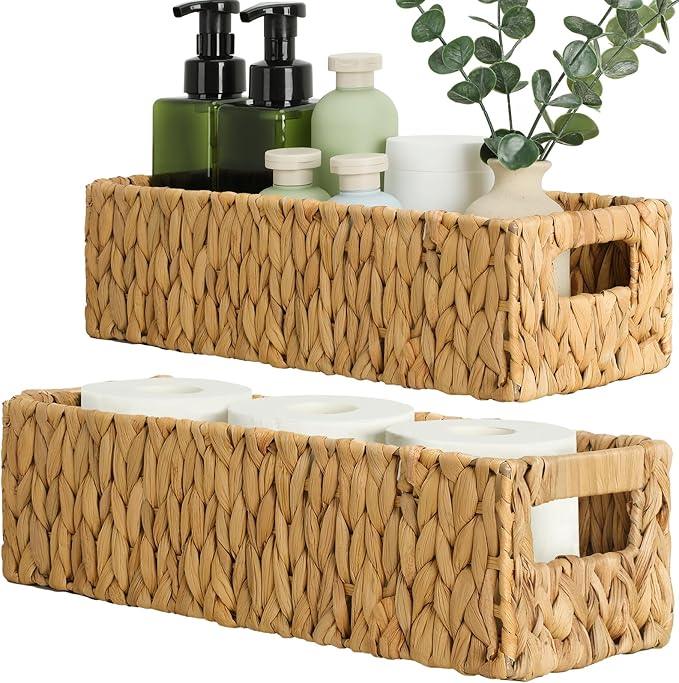 Graciadeco Nesting Small Wicker Basket, Water Hyacinth Toilet Paper Baskets Bathroom Organizer Woven Long Narrow Baskets for Organizing Pantry Bathroom Toilet Tank, 2 Pack - ModernBath