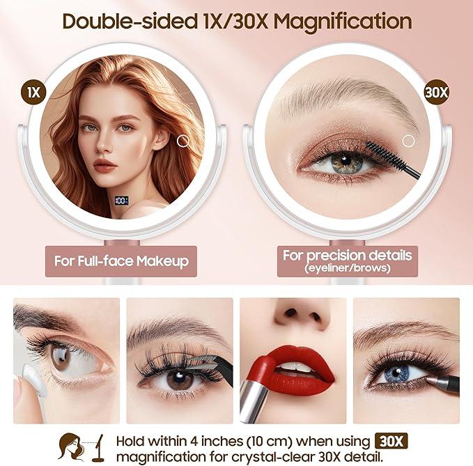 GOMIPURU Makeup Magnifying Mirror with Light 30X/1X, Digital Display, 2-Sided Touch Control, Makeup Mirror with 3 Color Lights,360° Rotate, Height Adjustable Lighted Magnifying Mirrors for Desk Travel - ModernBath