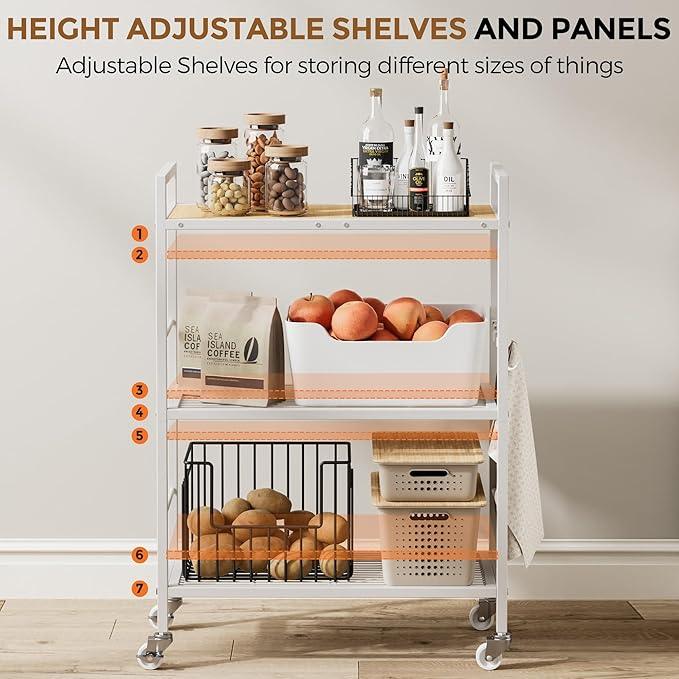 3-Tier Metal Storage Rack with Industrial Wheels,Mesh Shelving Unit with Wooden Table top,Adjustable Shelf,23.6-Inch Width,15.8-Inch Depth, for Kitchen, Laundry,Pantry,Plant,white - ModernBath
