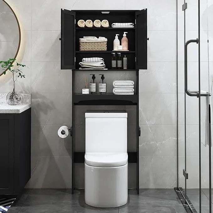 Over The Toilet Storage Cabinet with Gold Trim, Modern Bathroom Organizer Over Toilet with Adjustable Shelves and Toilet Paper Holder for Bathroom (Black) - ModernBath