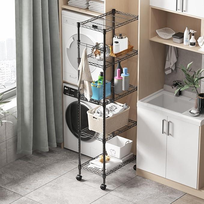 Homdox 5 Tier Wire Shelving Unit on Wheels, Adjustable Storage Racks and Shelving, Heavy Duty Rolling Metal Shelves with Side Hooks for Laundry Bathroom Kitchen Garage Pantry Organization, Black - ModernBath
