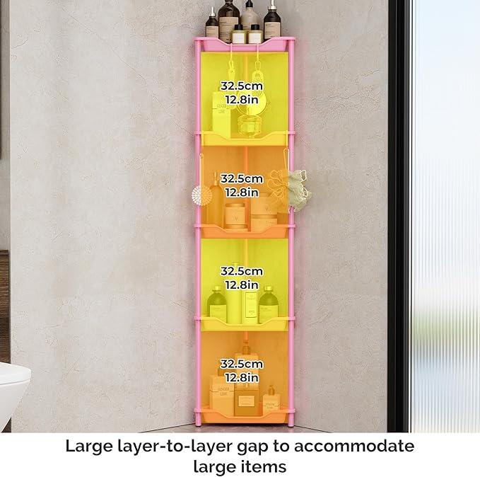 Orimade Rustproof 5 Tier Floor Standing Corner Shower Caddy Organizer, Plastic Metal Splicing Floor Corner Shelf Rack Stands for Bathroom, Pink - ModernBath