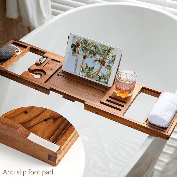 Realgulf Teak Bathtub Tray | Adjustable Width Tray with Wine Holder, Tablet/Phone & Book Stand, Splash-Proof for Bath Time- Natural - ModernBath