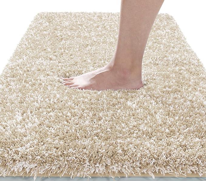 Yimobra Fluffy Plush Bath Rug, Shaggy Soft Comfortable Non Slip, Water Absorbent Microfiber Bath Mat, Dry Quick, Machine Washable Thick Bathroom Floor Rugs for Shower, 44"x 24", Light Beige and White - ModernBath