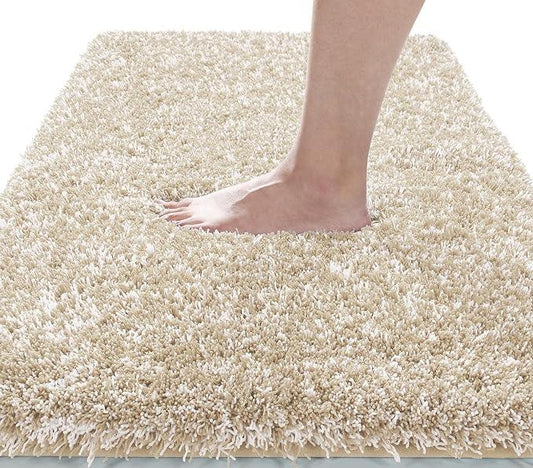 Yimobra Fluffy Plush Bath Rug, Shaggy Soft Comfortable Non Slip, Water Absorbent Microfiber Bath Mat, Dry Quick, Machine Washable Thick Bathroom Floor Rugs for Shower, 44"x 24", Light Beige and White - ModernBath