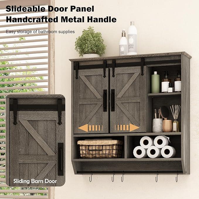 RUSTOWN Farmhouse Bathroom Wall Cabinet,3-Tier Rustic Wood Wall Mounted Cabinets,Vintage Medicine Cabinet with Sliding Barn Door and Adjustable Shelves,Over The Toilet Storage Cabinet (Washed Oak) - ModernBath