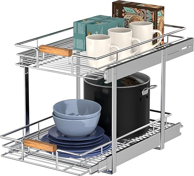 Pull Out Cabinet Organizer(11" W x 21" D), 2 Tier Wire Basket Slide Out Shelf Storage with Wood Handle, Pull Shelf Drawers for 12-1/4” Cabinet Opening, Chrome - ModernBath