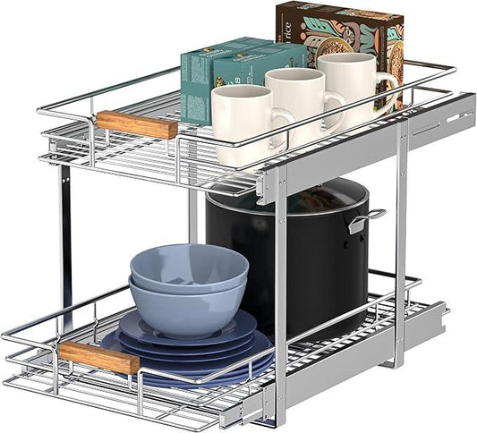 Pull Out Cabinet Organizer(11" W x 21" D), 2 Tier Wire Basket Slide Out Shelf Storage with Wood Handle, Pull Shelf Drawers for 12-1/4” Cabinet Opening, Chrome - ModernBath