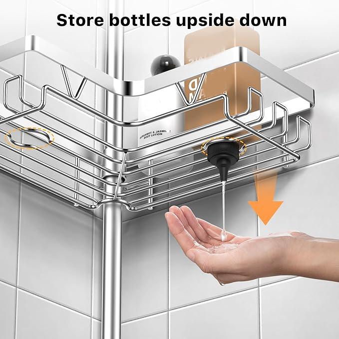 KEGII SUS304 Corner Shower Organizer, Stainless Steel Tension Pole Corner Bathroom Caddy, No Drilling Required Adjustable Shower Shelf for Inside Showers, Silver - ModernBath