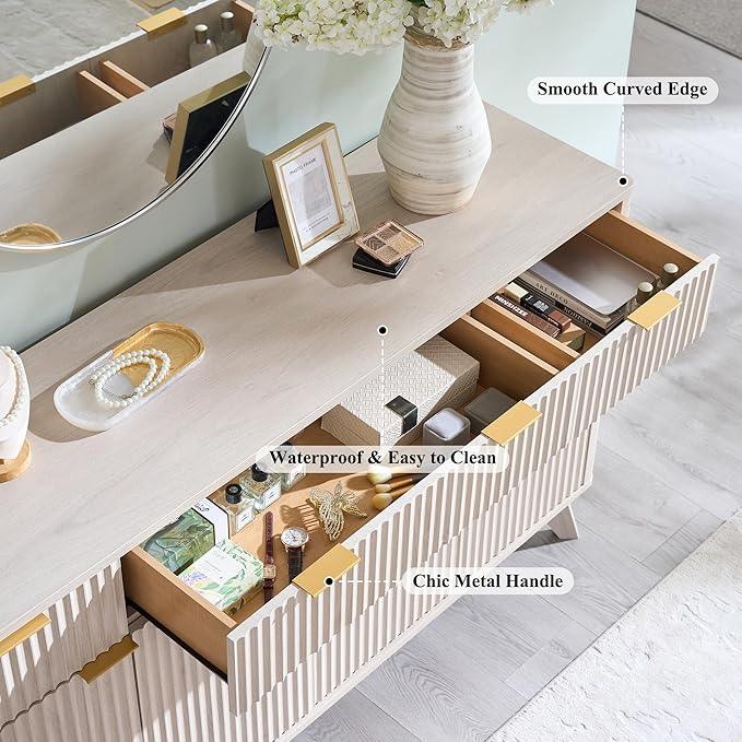 OKD Fluted Storage Cabinet with Drawers, 60" Morden Buffet Sideboard Coffee Bar Cabinet with 4 Doors and 3 Drawers for Dining Room, Living Room,Hallway (White Alder) - ModernBath