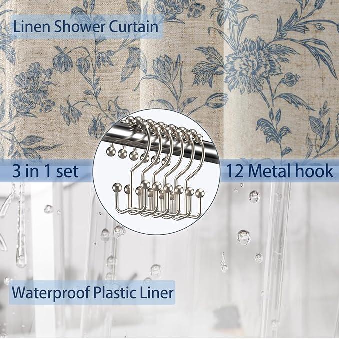 3 in 1 Shower Curtain with Liner and Hooks Blue Floral Cotton Linen Shower Curtain for Bathroom 72" W x 72" L Double Layer Shower Curtain - ModernBath
