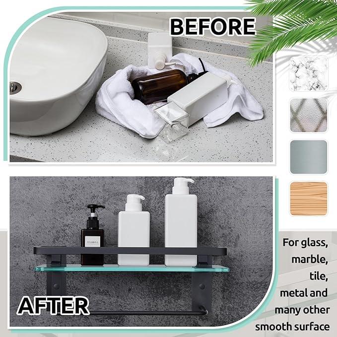Suzile Set of 2 Glass Bathroom Shelves with Bar, Wall Mounted 15.7 x 4.7 Inches, Bathroom Shelves Hanging Modern Floating Shelf Metal Stick Room Rustproof Organizer Decorative(Black) - ModernBath