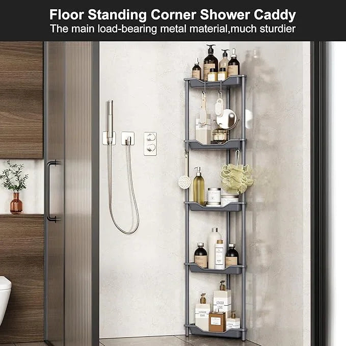 Orimade Rustproof 5 Tier Floor Standing Corner Shower Caddy Organizer, Plastic Metal Splicing Floor Corner Shelf Rack Stands for Bathroom, Grey - ModernBath