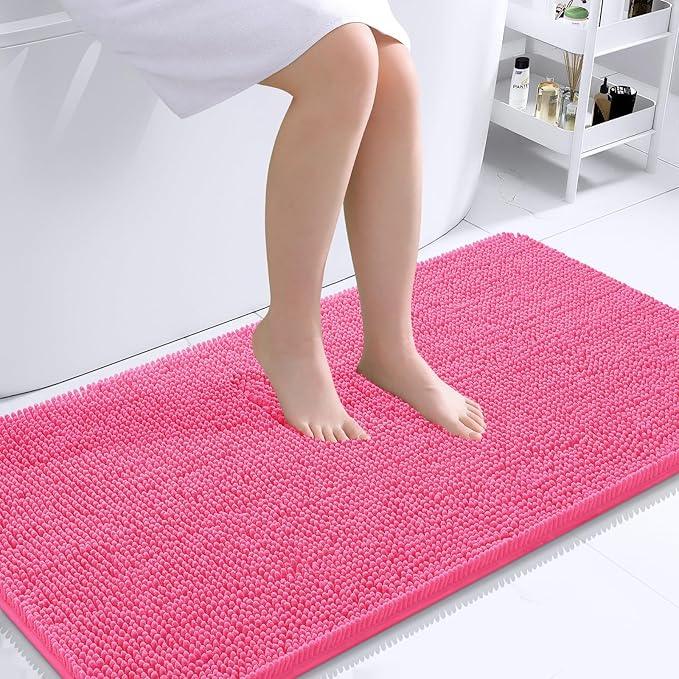 OLANLY Bathroom Rugs 44x24, Extra Soft Absorbent Chenille Bath Rugs, Rubber Backing Quick Dry, Machine Washable Bath Mats for Bathroom Floor, Tub and Shower, Home Decor Accessories, Hot Pink - ModernBath