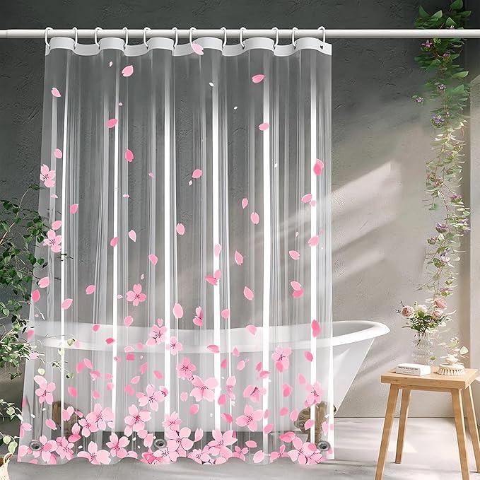 Clear Pink Floral Shower Curtain Liner, Cute Plastic Transparent Cherry Blossom Shower Curtain, Girly Flower Petals Spring Shower Curtains for Bathroom, 72x78 Shower Curtain Set with Magnets 12 Hooks - ModernBath