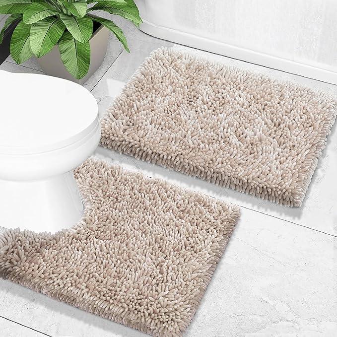 Yimobra Bathroom Rugs Sets 2 Piece, Soft Absorbent Bath Mat and U-Shaped Toilet Rug with Non Slip Backing, Luxury Shaggy Bath Mats for Bathroom, Machine Washable, 24"x17"+24"x20", Khaki - ModernBath