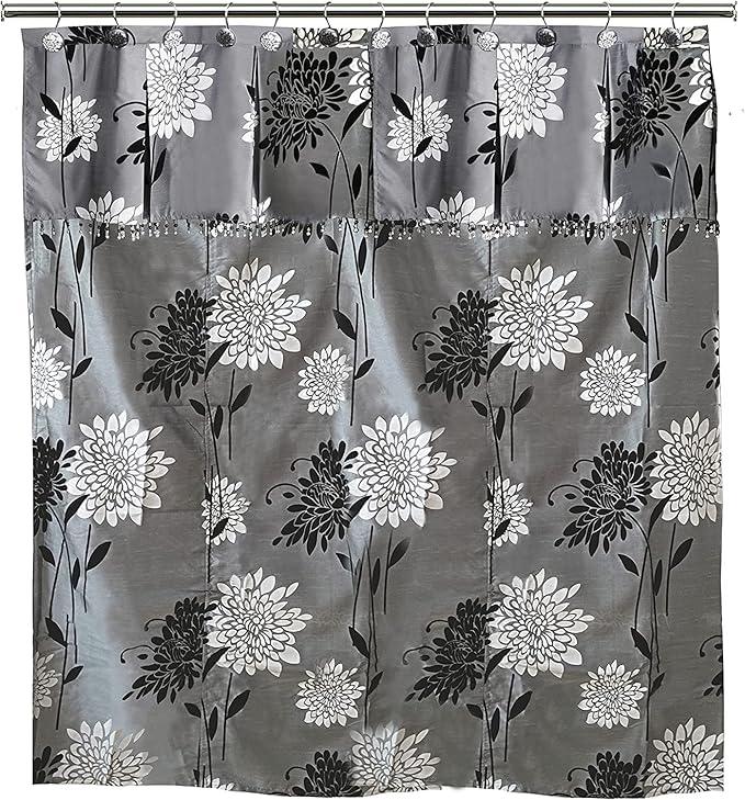 Zahari Home 13pc Erica Bathroom Fabric Shower Curtain Sets Bathroom Shower Curtain & 12 Shower Bathroom Hooks Modern Classic Luxury Contemporary Decor Grey Shower Curtain Stylish Bath Sets - ModernBath