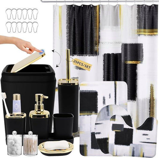 XLHOMO Bathroom Accessories Set - 25PC Bathroom Set with Shower Curtain and Rugs, Black Bathroom Set, Bathroom Accessory Set with Press-on Lid Trash Can, Soap Dispenser and Qtip Holders - ModernBath