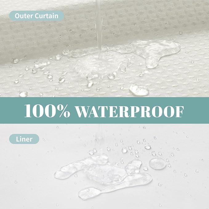 eachope Cream No Hook Waffle Weave Shower Curtain with snap-in Liner Replacement, 230GSM Waterproof Fabric Hotel Shower Curtain Set for Bathroom, Through Mesh Top Window,60Wx74H - ModernBath
