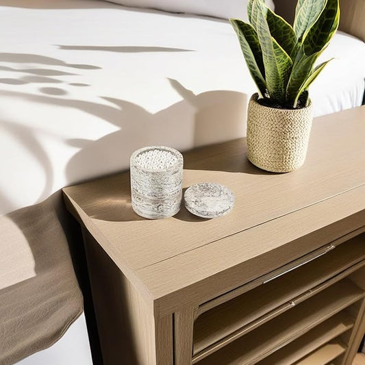 N NANSHOP Natural Marble Canister, Cotton Swab Holder with Lid, High Capacity Bathroom Qtip Holder Storage for Cotton Swab, Floss Picks, Makeup Pad, Bath Salt, Gray Travertine(NS017)