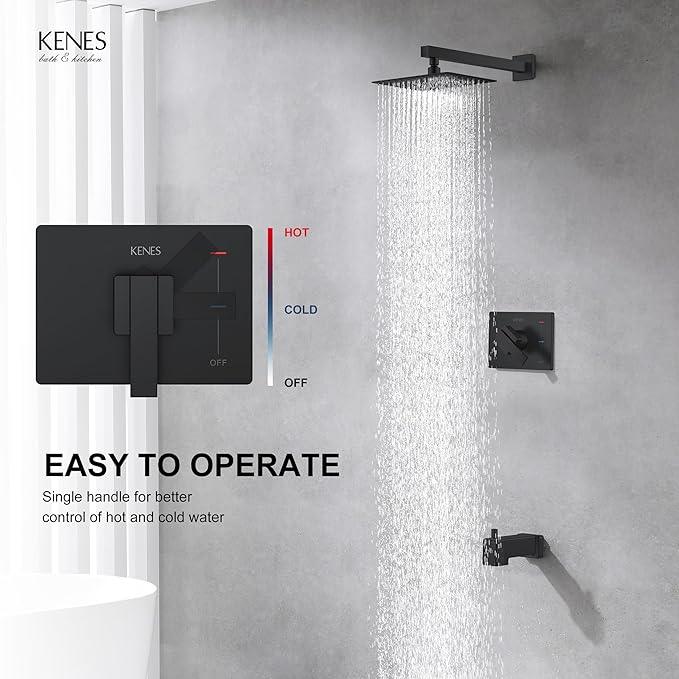 KENES Matte Black Tub Shower Faucet Set Complete with 10-Inch Rainfall Shower Head and Tub Spout, Square Tub and Shower Trim Kit, KE-6024A-2 (Shower Valve Included) - ModernBath