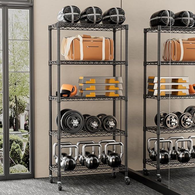 SINGAYE 5 Shelf Adjustable Heavy Duty Storage Shelving Unit with Wheels Steel Organizer Wire Rack Shelves Bathroom Organizers and Shelf Wire Closet Metal Pantry Kitchen Garage 14" DX30 WX70 H Black - ModernBath