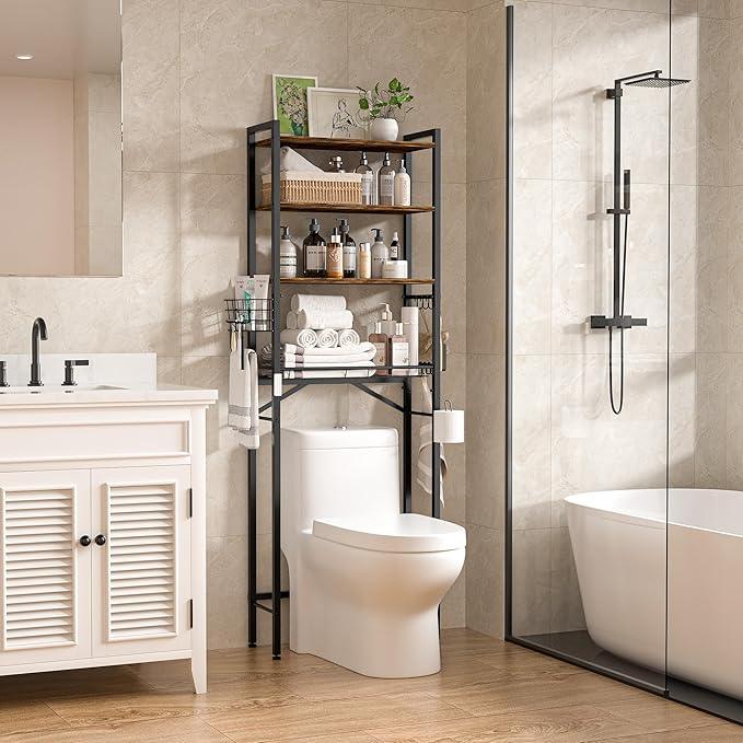 TETOTE Over Toilet Bathroom Organizer, 4-Tier Bathroom Over The Toilet Storage with Adjustable Shelf and Basket, Freestanding Space Saver Bathroom Shelves Above Toilet for Room(Brown) - ModernBath