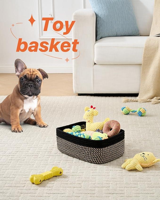 Small Woven Basket, 12 x 8 x 4.5 Inches, Storage Basket for Organizing, Cute Small Rope Shelf Closet Cube Storage Bins Baskets for Shelves, Dog Toy Gift Baskets Empty, 3 Pack Black & Brown - ModernBath