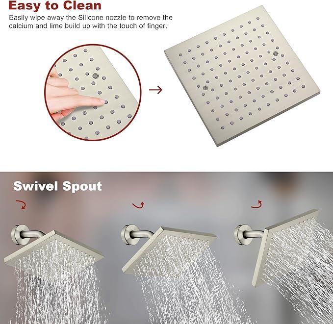 Lavatrum Brush Nickel Premium Shower Head With Valve Set Single Spray Wall Mount 8 Inch Rainfall Square Shower Faucet with Rough-in Valve and Trim Kit for Bathroom - ModernBath