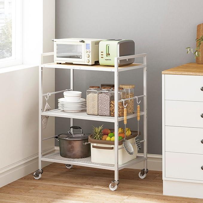 3-Tier Metal Storage Rack with Industrial Wheels,Mesh Shelving Unit with Wooden Table top,Adjustable Shelf,23.6-Inch Width,15.8-Inch Depth, for Kitchen, Laundry,Pantry,Plant,white - ModernBath