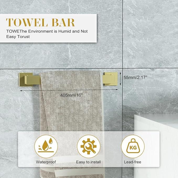 Bathroom Accessory Towel Bar Set: 10 Pieces Gold Bathroom Hardware Square SUS304 Stainless Steel - Wall Mounted Towel Rack&Toilet Paper Holder&Towel Ring and Towel Hook - ModernBath