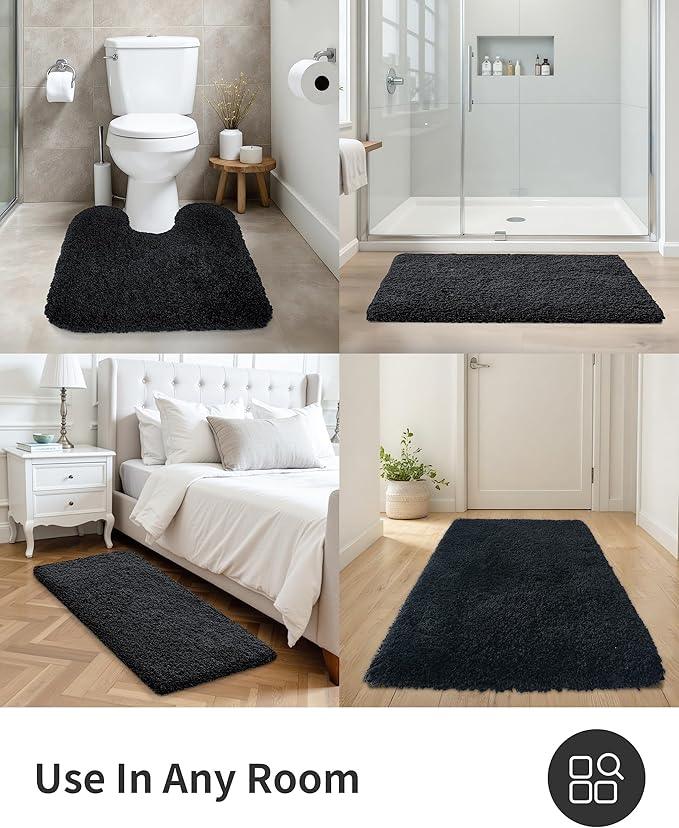 ILANGO Black Bathroom Rugs 70" × 24" Non Slip & Super Absorbent Thick Soft, Washable Bath Carpet Runner for Floor, Microfiber Plush Shaggy Bath Mats with Rubber for Bedroom Bathtub Shower Room - ModernBath