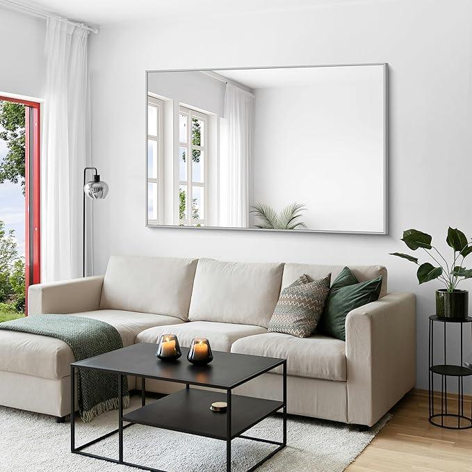 KOCUUY Silver Bathroom Mirror, 60"x40" Large Rectangle Bathroom Mirror for Wall, HD Tempered Glass, Anti-Rust Brushed Silver Frame, Modern Design for Bathroom, Bedroom, Hang Horizontal/Vertical - ModernBath