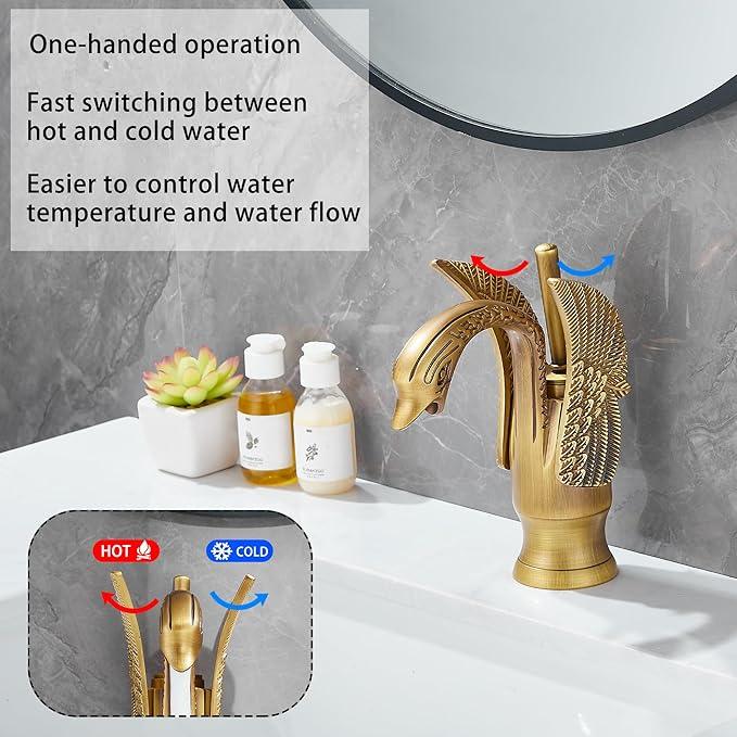 GGStudy Bathroom Faucet Antique Brass Swan Single Handle One Hole Bathroom Vanity Faucet Basin Tap Deck Mount Lavatory - ModernBath