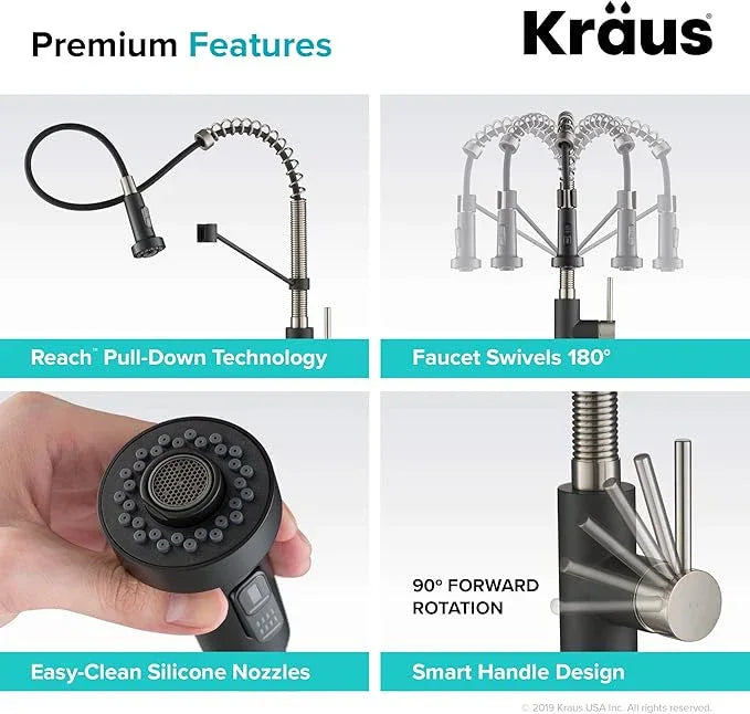 KRAUS Bolden 18-Inch Single Handle Spot Free Stainless Steel/Matte Black Commercial Style Pull-Down Kitchen Faucet with Dual Function Sprayer, KPF-1610SFSMB (Pack of 1) - ModernBath