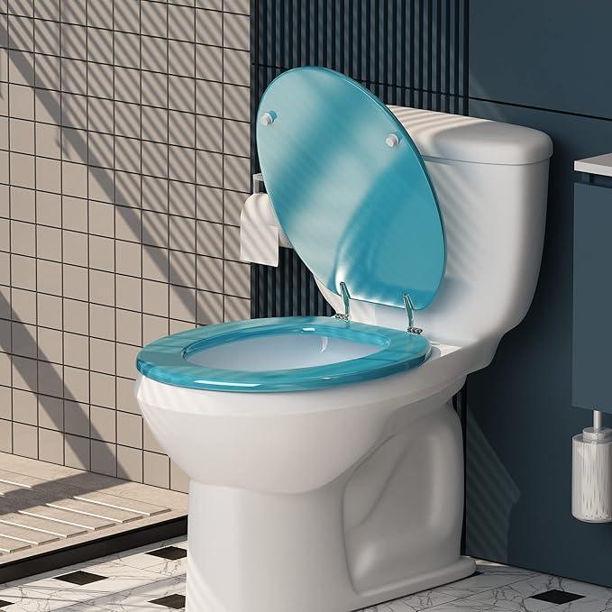 BLOFDE Round Toilet Seat Wood Toilet Seat Prevent Shifting with Zinc Alloy Hinges American Standard Size Toilet Seat Easy to Install also Easy to Clean(Round,Sparkling Sapphire Blue) - ModernBath