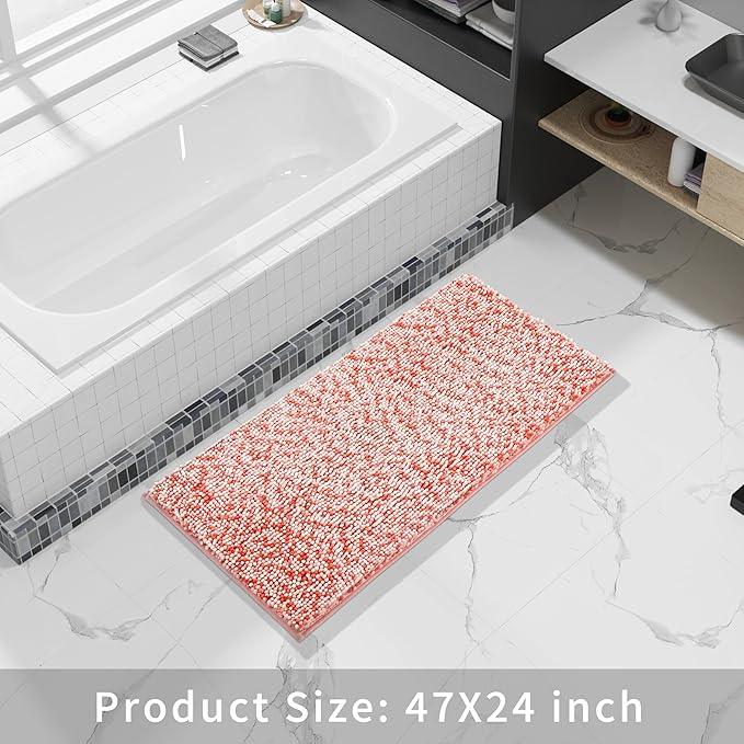 Yimobra Luxury Bathroom Rugs, 47x24, Extra Soft Chenille Mats for Bathroom Non Slip, Fluffy Long Matts for Tub, Plush Shaggy Carpet Runner, Water Absorbent, Machine Washable, Orange & Pink - ModernBath