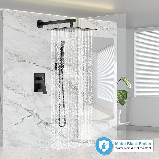 FPXRNG Black Shower Faucet Set, Rainfall Shower System with Square Shower Head and Handle Set, Wall Mounted Shower Fixtures, Full Metal Trim Repair Kit 10 inch Matte Black (With Shower Valve) - ModernBath