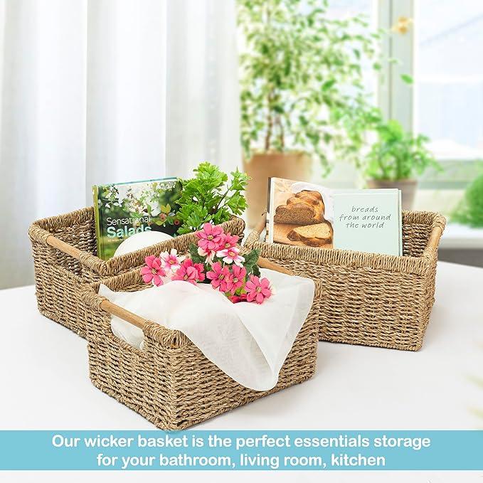 Natural Seagrass Basket with Wooden Handle, Medium Rectuangular Wicker Basket for Living Room 12.2 x 8.9 x 6.7 inches - 3 Pack - ModernBath