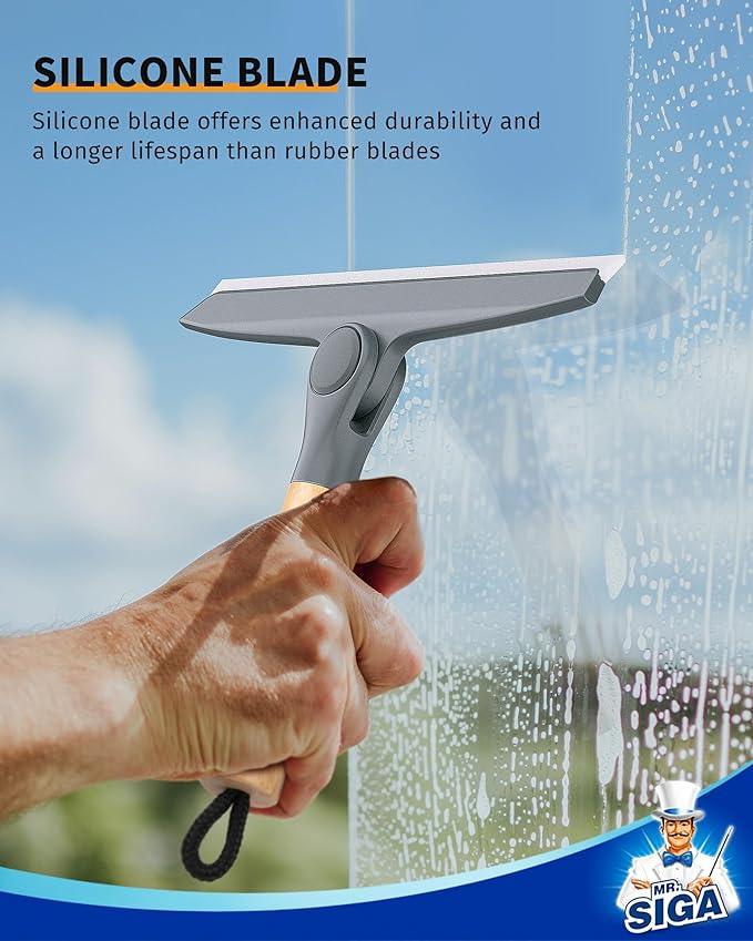 MR.SIGA All Purpose Silicone Squeegee for Shower Door, Mirror, Glass, Streak Free Shower Squeegee, Pivoting Bamboo Handle, Includes 1 Suction Hook, 10 inch Wide, Gray, 1 Pack - ModernBath