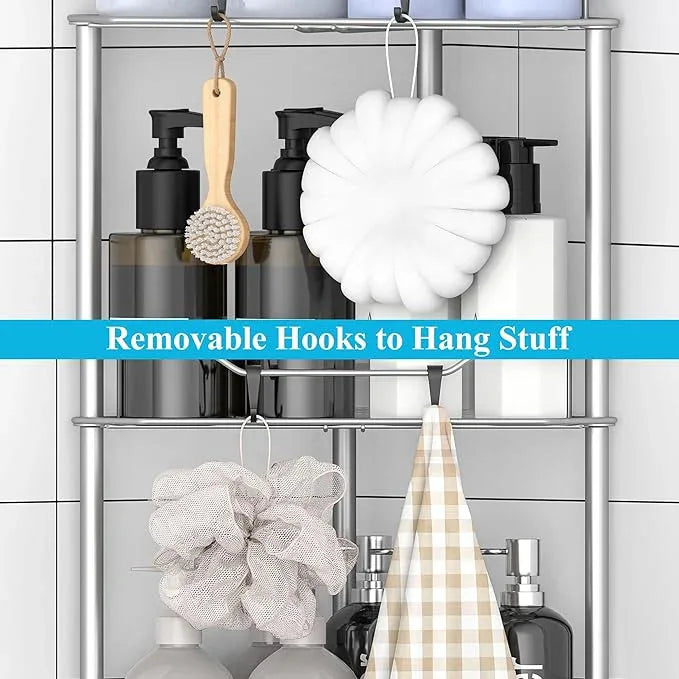 3 Tier Floor Standing Corner Shower Caddy Organizer Shelf with Hooks, Bathroom Shelves Stand Rack, Gray - ModernBath