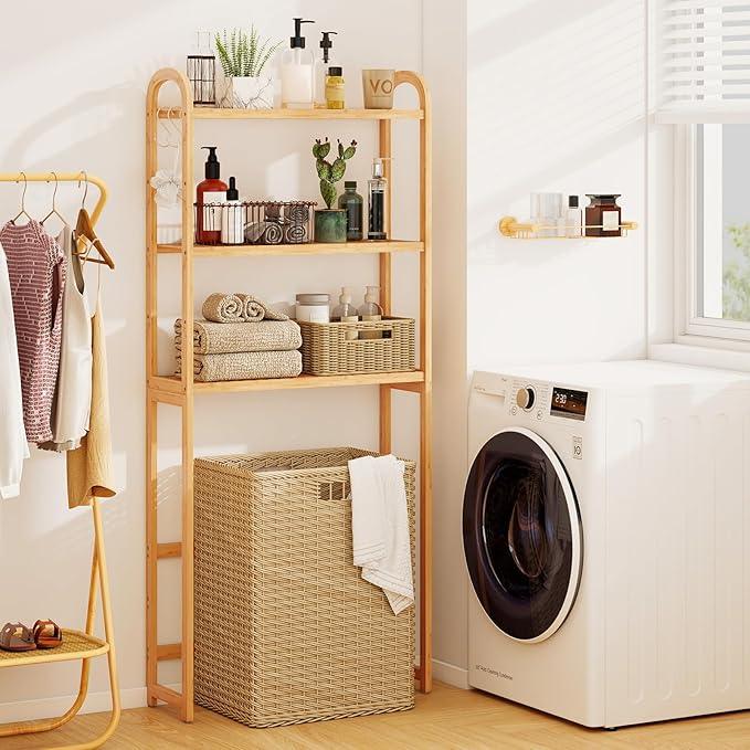 Giantex Over The Toilet Storage Cabinet, 3-Tier Bamboo Bathroom Shelves Over Toilet w/3 Hooks, Adjustable Shelves & Waterproof Feet Pad, Over Toilet Bathroom Organizer for Laundry, Balcony, Restroom - ModernBath
