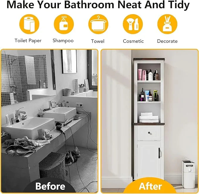 63 Inch Tall Corner Cabinet, Modern Corner Storage Cabinet with Door & Adjustable Shelves & Drawers, Anti-Tipping Free Standing Linen Tower for Bedroom, Bathroom, Kitchen, Pantry (White) - ModernBath