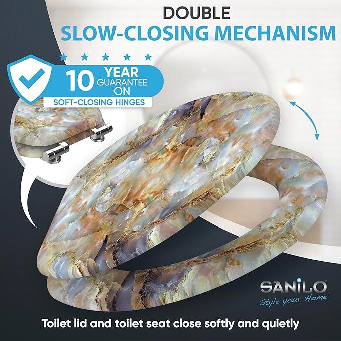 SANILO Wooden Toilet Seat with Soft Close [ELONGATED] - Decorative, Quiet & Slow Close Molded Wood Seat - With Strong Bumpers & Hinges - Adjustable Fit - Marble Brown - ModernBath