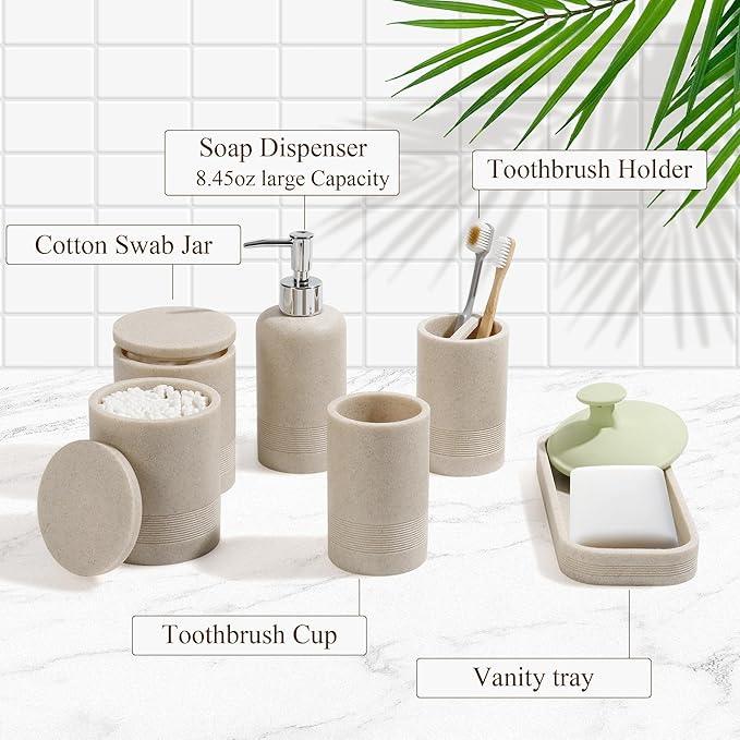 Bathroom Accessories Set, 6-Piece Bathroom Accessory Set, Toothbrush Holders Set, Soap Dispenser, Vanity Tray, Tumbler, Cotton Swab Jars, Bathroom Organizer for Modern Bathrooms(Beige) - ModernBath