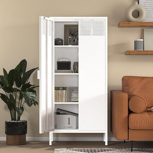 COFaR 4 Tier Black Metal Storage Cabinet, Free Standing with 2 Doors, 3 Adjustable Shelves and Legs, Cupboard Metal Cabinet for Living Room, Kitchen, Dining Room, Office - ModernBath