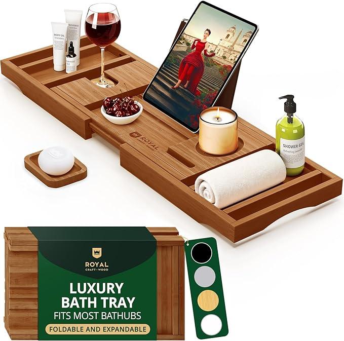 ROYAL CRAFT WOOD Premium Foldable Bathtub Tray - Wood Bath Tray for Tub, Bamboo Shelf, Expandable Bath Table Trays, Bathtub & Bathroom Accessories for New Home Gifts for Mom - ModernBath